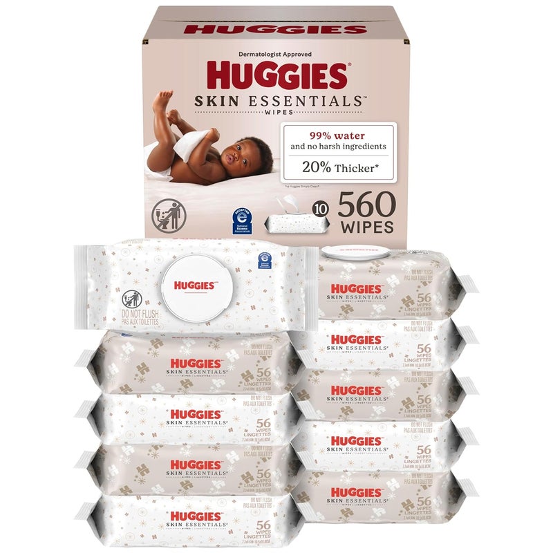 HUGGIES Skin Essentials Baby Wipes, Hypoallergenic, 99% Water, 10 Flip Top Packs (560 Wipes Total) - Image 1